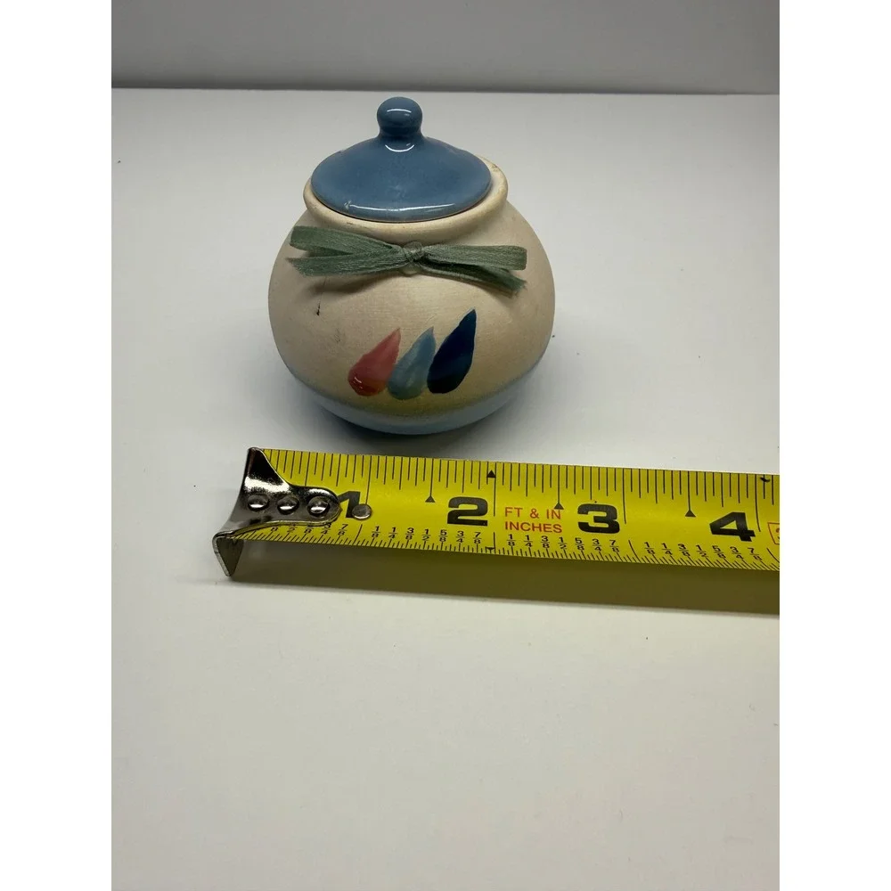 Hand Painted Ceramic Mini Honey Pot Blue Pink Teardrop Jar with Lid and Ribbon